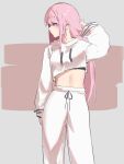  1girl absurdres cropped_hoodie eyebrows_visible_through_hair highres hololive hololive_english hood hoodie long_hair long_sleeves looking_away looking_to_the_side mori_calliope pants pink_eyes pink_hair skykappa solo sweatpants virtual_youtuber white_hoodie white_pants 