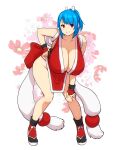  1girl absurdres bangs blue_hair breasts cleavage cosplay erkaz eyebrows_visible_through_hair fingerless_gloves gloves hanging_breasts highres huge_breasts leaning_forward looking_at_viewer original pelvic_curtain ponytail red_eyes rina_atherina rope sandals shiranui_mai shiranui_mai_(cosplay) short_hair socks standing the_king_of_fighters white_background 
