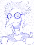  2021 abstract_background blue_and_white bust_portrait clothed clothing darkner deltarune dumpster english_text eyewear front_view glasses hi_res humanoid looking_at_viewer male meatboom monochrome open_mouth portrait signature solo spamton_g._spamton suit text undertale_(series) video_games 