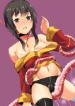  1girl asymmetrical_legwear bandaged_leg bandages bare_shoulders black_hair black_panties breasts breasts_outside chirashi_(so) commentary_request dress eyebrows_visible_through_hair highres kono_subarashii_sekai_ni_shukufuku_wo! megumin nipples open_mouth panties partial_commentary purple_background red_dress red_eyes restrained short_hair_with_long_locks simple_background single_thighhigh solo tentacles thighhighs underwear 