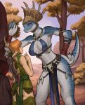  anthro arrow_(weapon) bow_(weapon) breasts cleavage clothed clothing duo ethrk eye_contact female green_eyes grin hi_res human humanoid_pointy_ears kabedon leaning leaning_forward looking_at_another looking_up mammal midriff outside plant purple_eyes ranged_weapon scalie size_difference skimpy smile tree tribal weapon 