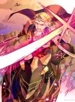  1boy armor blonde_hair cape cloud cloudy_sky fire_emblem fire_emblem_fates gloves highres holding holding_sword holding_weapon horseback_riding incoming_attack looking_at_viewer open_mouth riding sky slashing sword weapon xander_(fire_emblem) yasubaru yellow_eyes 