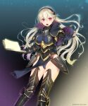  1girl armor armored_boots armored_dress black_capelet black_legwear black_leotard blonde_hair blue_background blurry bokeh book boots breastplate breasts capelet clawed_gauntlets commentary corrin_(fire_emblem) depth_of_field eyebrows_visible_through_hair feet_out_of_frame fire_emblem fire_emblem_fates floating_hair gauntlets groin hair_between_eyes hairband highleg highleg_leotard highres holding holding_book kashiwamochi_yomogi leotard leotard_under_clothes light_particles long_hair looking_at_viewer medium_breasts open_book open_hand open_mouth outstretched_arm outstretched_hand pelvic_curtain purple_background red_eyes solo thigh_boots thighhighs thighs twitter_username v-shaped_eyebrows yellow_background 