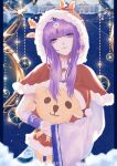  1girl asymmetrical_sleeves christmas hair_ornament highres hood long_hair long_sleeves mu_qing purple_eyes qin_shi_ming_yue shao_siming_(qin_shi_ming_yue) smile stuffed_toy weibo_id weibo_logo 