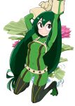  1girl :&gt; arms_up asui_tsuyu bodysuit boku_no_hero_academia bow_by_hair closed_mouth covered_navel frog_girl georugu13 gloves green_bodysuit green_eyes green_hair hair_rings lily_pad long_hair low-tied_long_hair simple_background smile solo superhero very_long_hair white_background 
