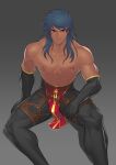  1boy abs absurdres bangs bara bare_shoulders bulge commentary_request dark_blue_hair dark_skin detached_sleeves earrings fate/grand_order fate_(series) gradient gradient_background highres hunterkay jewelry large_pectorals long_hair looking_at_viewer male_focus muscular muscular_male nipple_piercing pants pectorals piercing red_eyes roman_clothes romulus_quirinus_(fate) solo tight tight_pants topless_male 