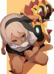  1girl bea_(pokemon) between_breasts blue_eyes breasts commentary_request dark-skinned_female dark_skin falinks fu-ta hairband highres platinum_blonde_hair pleated_skirt pokemon pokemon_(creature) pokemon_(game) pokemon_swsh school_uniform short_hair skirt small_breasts smile solo 