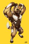  2021 african_wild_dog anthro balls canid canine digitigrade flexing foreskin genitals hi_res humanoid_genitalia humanoid_penis jaykat looking_at_viewer male mammal muscular muscular_male nipples pecs penis simple_background solo 