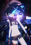  1girl bikini black_bikini black_gloves black_hair black_rock_shooter black_rock_shooter_(character) blue_eyes earth_(planet) flaming_eye gloves ground_vehicle gun handgun highres moon motor_vehicle motorcycle official_art planet short_shorts shorts space swimsuit thigh_strap twintails weapon 