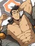  1boy abs arm_behind_head bara bed black_hair closed_mouth grey_jacket highres jacket jacket_removed kuroshinki large_pectorals looking_at_viewer lying male_focus muscular muscular_male navel nipples on_back on_bed pectorals short_hair smile solo sweat takashi_shirogane upper_body veins veiny_arms voltron:_legendary_defender 