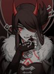  1girl anhmaruwu beidou_(genshin_impact) brown_hair chest_tattoo commentary earrings english_commentary eyepatch facial_tattoo fangs fingerless_gloves fur_collar genshin_impact gloves horns jewelry long_hair looking_at_viewer neck_tattoo oni oni_horns open_mouth solo tattoo teeth upper_body 