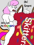  anthro candy dessert english_text equid equine food furry_ears hair horse idfox male mammal mars_incorporated pink_hair skittles_(candy) text white_body 