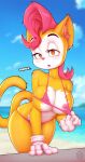  2021 4_fingers anthro areola breasts clothed clothing day detailed_background digital_media_(artwork) domestic_cat eyebrows eyelashes felid feline felis female fingers hair hi_res mammal monique_pussycat nipples orange_eyes outside peepoodo pink_hair rysonanthrodog sky super_fuck_friends 