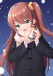  1girl 7fuji_06 :d aqua_eyes bangs black_coat blue_background blurry blurry_foreground blush breath brown_hair can coat coffee drink eyebrows_visible_through_hair gradient gradient_background hair_between_eyes hair_ornament head_tilt highres holding holding_can long_hair looking_at_viewer one_side_up open_mouth original pink_sweater scarf scrunchie smile snowing snowman_hair_ornament solo sweater upper_body yellow_scrunchie 