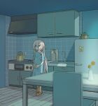  1girl ahoge blue_dress blue_eyes braid cabinet cevio chair commentary cup cup_ramen cutting_board dress faucet flower holding holding_cup husahusa3232 ia_(vocaloid) indoors kettle kitchen leaning_back long_hair pink_hair plant potted_plant refrigerator scenery side_braid sink slippers solo steam stove table vase very_long_hair vocaloid wide_shot wooden_floor 