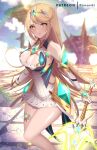  aegis_sword_(xenoblade) bangs bare_legs bare_shoulders blonde_hair breasts chest_jewel cleavage cleavage_cutout clothing_cutout dress earrings elbow_gloves gem gloves headpiece highres jewelry kamaniki large_breasts long_hair mythra_(xenoblade) short_dress swept_bangs thigh_strap tiara very_long_hair white_dress white_gloves xenoblade_chronicles_(series) xenoblade_chronicles_2 yellow_eyes 