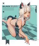  1girl absurdres all_fours animal_ear_fluff animal_ears artist_request bangs barefoot black_bra black_nails black_panties blunt_bangs bra cat_ears cat_girl cat_tail collar crawling highres leash long_hair nail_polish open_mouth original panties simple_background solo squinting tail tongue tongue_out underwear white_hair yellow_eyes 