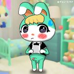  1:1 animal_crossing anthro blush bodily_fluids clothed clothing crossdressing jungheerack lagomorph leporid looking_down male mammal nintendo rabbit sasha_(animal_crossing) sweat sweatdrop video_games 