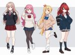  4girls aizono_manami black_hair black_legwear black_skirt blue_necktie blue_skirt breasts brown_eyes brown_hair eyebrows_visible_through_hair furen_e_lustario grey_skirt hair_over_one_eye hand_in_pocket heterochromia highres hoshikawa_sara lain_paterson large_breasts long_hair looking_to_the_side multicolored_hair multiple_girls necktie nijisanji one_eye_covered open_mouth pantyhose pink_hair plaid plaid_skirt red_eyes red_hair red_necktie red_skirt school_uniform side_ponytail skirt sleeves_past_wrists smile streaked_hair tooru_(jux) tube_socks virtual_youtuber 