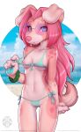  5_fingers anthro blue_eyes breasts canid canine canis clothed clothing day detailed_background domestic_dog female fingers hair hi_res mammal midriff navel outside pink_hair rysonanthrodog smile solo 