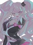  1girl bear_hair_ornament black_jacket blonde_hair blue_eyes bow breasts cleavage collared_shirt danganronpa:_trigger_happy_havoc danganronpa_(series) enoshima_junko eyebrows_visible_through_hair hair_ornament highres jacket large_breasts long_hair necktie ny3z pink_bow shirt smile solo tongue tongue_out twintails white_necktie white_shirt 