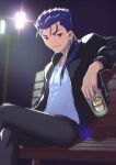  1boy abs beer_can bench black_jacket black_pants blue_hair can cu_chulainn_(caster)_(fate) cu_chulainn_(fate) earrings fate_(series) highres holding jacket jewelry lamppost long_hair looking_at_viewer male_focus moto_(otemoto02) pants park park_bench red_eyes shirt smile solo spiked_hair v-neck white_shirt 