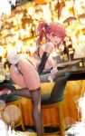  1girl alcohol animal_ears ass azur_lane bar bar_stool bare_shoulders bent_over black_footwear black_legwear blurry blurry_background bottle breasts bunny_hair_ornament cirilla_lin cup drinking_glass duca_degli_abruzzi_(azur_lane) earrings elbow_gloves eyebrows_visible_through_hair foot_out_of_frame gloves hair_ornament high_heels highres holding holding_tray jewelry large_breasts nontraditional_playboy_bunny pink_hair playboy_bunny rabbit_ears rabbit_tail red_eyes revealing_clothes see-through side_ponytail solo standing standing_on_one_leg stool tail thighhighs thighs tongue tongue_out tray wine_bottle wine_glass 