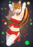  1girl absurdres animal_ears antenna_hair armpits blazblue boots bow bowtie breasts brown_eyes brown_hair christmas cleavage elbow_gloves gloves green_belt highres looking_at_viewer makoto_nanaya microskirt midriff multicolored_hair navel open_mouth purinnssu santa_boots santa_costume skirt solo squirrel_girl squirrel_tail tail thighhighs two-tone_hair 