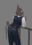  anthro brown_body brown_fur butt clothed clothing drinking felid fur gato_matero gato_matero&#039;s_fursona grey_background hi_res looking_at_viewer looking_back male mammal rear_view short_tail simple_background sketch slushie solo 