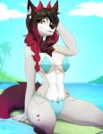  anthro black_hair black_nose breasts canid canine canis clothed clothing day detailed_background domestic_dog eyebrows eyelashes female hair mammal midriff navel outside sky smile wolflady 