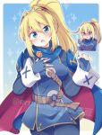  1girl alternate_costume armor bangs belt blonde_hair blue_gloves blush breasts cape cosplay eromame eyebrows_visible_through_hair fingerless_gloves fire_emblem fire_emblem_awakening gloves hair_between_eyes large_breasts long_hair looking_at_viewer lucina_(fire_emblem) lucina_(fire_emblem)_(cosplay) metroid mole multiple_persona open_mouth ponytail samus_aran shoulder_armor tiara twitter_username 