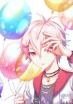  1boy absurdres balloon clothes commentary_request earrings hair_ornament highres hwaen jacket jewelry pink_hair red_eyes 