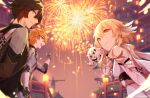  2boys 2girls bangs black_gloves black_hair blonde_hair brown_hair building coat detached_sleeves dress english_commentary fireworks genshin_impact gloves gradient_hair hair_between_eyes hair_ornament halo highres holding_hands jacket lantern long_hair long_sleeves lumine_(genshin_impact) multicolored_hair multiple_boys multiple_girls new_year night open_mouth orange_eyes orange_hair outdoors paimon_(genshin_impact) pointing ponytail short_hair_with_long_locks signature sky smile tartaglia_(genshin_impact) white_dress white_hair yellow_eyes yuelight zhongli_(genshin_impact) 