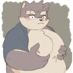  absurd_res anthro belly blush canid canine canis domestic_dog fur groping_self hi_res jamiephut lifewonders male mammal moritaka multicolored_body multicolored_fur musclegut nipples pecs scar solo tokyo_afterschool_summoners two_tone_body two_tone_fur video_games 