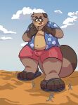  4_toes absurd_res andythetanuki anthro beach belly big_belly bottomwear canid canine claws clothing faceless_character faceless_male feet floral_pattern footwear group hi_res macro male mammal micro paws raccoon_dog sandals seaside shorts size_difference tanuki toes walking 
