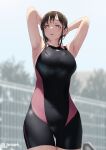  1girl armpits arms_behind_head black_swimsuit blurry blurry_background breasts brown_hair commentary_request jonsun looking_to_the_side mami_(jonsun) medium_breasts mole mole_under_eye one-piece_swimsuit original purple_eyes short_hair solo swimsuit thigh_gap thighs twitter_username wet wet_hair 