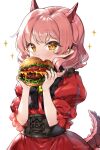  1girl artist_name bangs blush burger covered_mouth dragon_girl dragon_horns dragon_tail dress eyebrows_visible_through_hair fafnir_guildmelag_linda_blair_hanako food hands_up highres holding holding_food horns kemonomichi looking_at_viewer mj_nameraka pink_hair pointy_ears puffy_short_sleeves puffy_sleeves red_dress red_horns short_hair short_sleeves solo sparkle tail yellow_eyes 