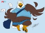  2020 4_toes 5_fingers accipitrid accipitriform anisodactyl anthro avian bald_eagle beak belly belt big_belly biped bird bird_feet black_claws black_eyebrows black_eyes blue_background bottomwear brown_body brown_feathers bulge claws clothed clothing delivery_(commerce) delivery_employee digital_media_(artwork) digitigrade eagle eyebrows feather_hands feathered_wings feathers feet fingers flat_colors front_view fully_clothed gregory_(zeiroslion) hi_res male midriff multicolored_body multicolored_feathers obese obese_anthro obese_male open_beak open_mouth overweight overweight_anthro overweight_male postal_carrier postal_delivery scutes sea_eagle signature simple_background solo tail_feathers talons tight_clothing tight_topwear toe_claws toes topwear two_tone_body two_tone_feathers united_states_of_america white_body white_feathers wings yellow_beak yellow_sclera zeiroslion 