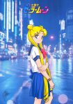  1990s_(style) 1girl arm_grab bishoujo_senshi_sailor_moon blonde_hair blue_eyes blue_skirt city double_bun feet_out_of_frame hair_over_shoulder long_hair looking_at_viewer night official_art outdoors pleated_skirt retro_artstyle short_sleeves signature skirt smile solo standing tsukino_usagi twintails very_long_hair wristband 