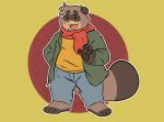  4_fingers 4_toes andythetanuki anthro canid canine feet fingers hi_res male mammal raccoon_dog simple_background simple_eyes solo tail tanuki toes toony winter winter_clothing 