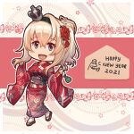  1girl blue_eyes chibi crown edwin_(cyberdark_impacts) english_text flower hair_flower hair_ornament happy_new_year highres japanese_clothes kantai_collection kimono mini_crown new_year obi official_alternate_costume print_kimono red_flower red_kimono red_rose rose sash tabi warspite_(kancolle) white_legwear wide_sleeves zouri 