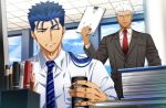  2boys akujiki59 archer_(fate) bespectacled black_coat blue_hair blue_necktie can coat coffee collared_shirt cu_chulainn_(fate) cu_chulainn_(fate/stay_night) dark-skinned_male dark_skin earrings fate/grand_order fate/stay_night fate_(series) glasses holding jewelry long_hair male_focus multiple_boys necktie office pen pencil ponytail red_eyes red_necktie shirt short_hair white_hair white_shirt 