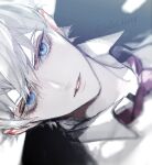  1boy bangs blue_eyes charles-henri_sanson_(fate) collar collared_shirt fate/grand_order fate_(series) hair_between_eyes koshika_rina looking_at_viewer male_focus necktie open_mouth red_necktie shirt short_hair solo white_collar white_hair white_shirt 