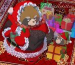  2021 anthro brown_body canid canine christmas christmas_clothing christmas_headwear clothing duo gift gyobu gyobu&#039;s_underlings hat headgear headwear hi_res hijirinoyuta holidays kemono lifewonders male mammal overweight overweight_male raccoon_dog santa_claus santa_hat scar sweater tanuki tokyo_afterschool_summoners topwear video_games 