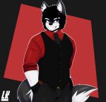 2021 absurd_res anthro belt black_clothing black_hair black_topwear black_vest canid canine canis clothed clothing digital_drawing_(artwork) digital_media_(artwork) ear_tuft facial_hair fur gloves goatee grey_body grey_fur hair hands_in_pockets handwear hi_res lobo_(lobokosmico) lobokosmico looking_at_viewer male mammal muscular muscular_male necktie pockets purple_eyes red_background red_clothing red_shirt red_topwear sharp_teeth shirt simple_background smile solo suit teeth topwear tuft vest white_body white_fur wolf 