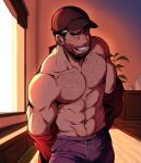  1boy abs absurdres arm_hair beard chest_hair facial_hair hat highres holmy_(holmesdmode) large_pectorals looking_at_viewer maestro_(rainbow_six_siege) male_focus mature_male mustache navel nipples open_mouth pants pectorals rainbow_six_siege red_eyes short_hair smile solo sweatpants undressing 
