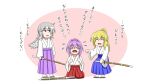  3girls blonde_hair blush crying grey_hair highres kendo kishin_sagume multiple_girls ponytail purple_hair sandals shinai siblings single_wing sisters sword tatsu_toyoyo touhou translation_request watatsuki_no_toyohime watatsuki_no_yorihime weapon wings younger 