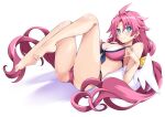  1girl angel_wings artina_(disgaea) ass bare_arms bare_legs bare_shoulders barefoot bikini blue_eyes blush breasts disgaea iwashi_dorobou_-r- large_breasts long_hair looking_at_viewer lying makai_senki_disgaea_4 on_back pink_bikini pink_hair sidelocks smile swimsuit wings 