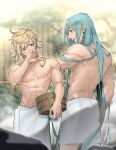  2boys abs blonde_hair blue_eyes blue_hair blurry bucket bush chiganemaru_(touken_ranbu) chiyoganemaru contrapposto covering_mouth depth_of_field fence hand_over_own_mouth highres jip long_hair looking_at_another male_focus multiple_boys navel no_nipples onsen toned toned_male touken_ranbu towel_around_waist wooden_bucket wooden_fence yellow_eyes 