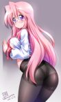  1girl ass bangs black_legwear blush breasts clothes_lift covered_nipples dated grey_background hair_between_eyes highres kamogawa_tanuki large_breasts long_hair long_sleeves looking_back lucky_star panties panties_under_pantyhose pantyhose pink_hair purple_eyes ryouou_school_uniform school_uniform serafuku shiny shiny_hair shirt_lift signature solo takara_miyuki twitter_username underwear very_long_hair 